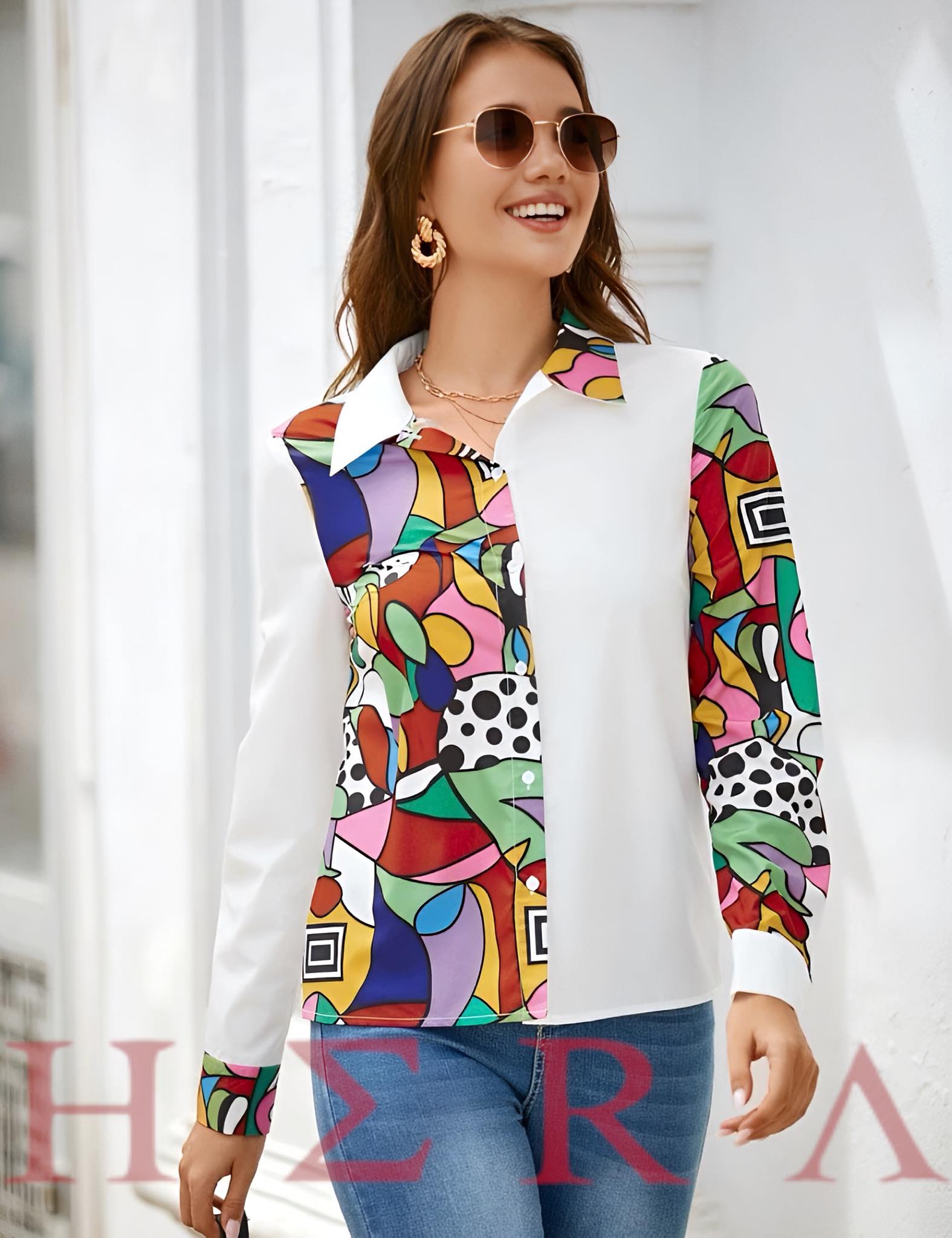 Polka Dot & Geo Print Button Front Shirt