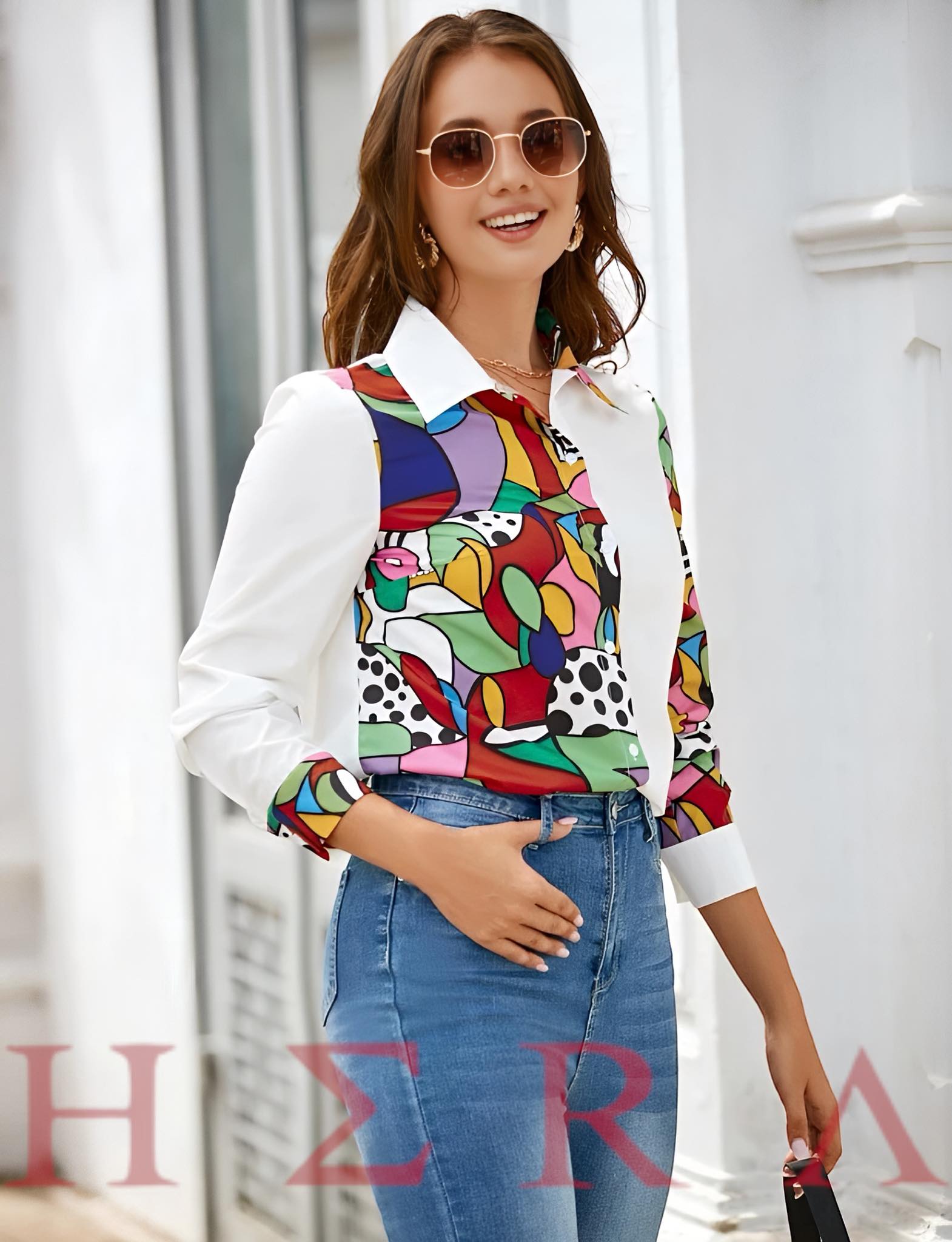 Polka Dot & Geo Print Button Front Shirt - Imagen 3