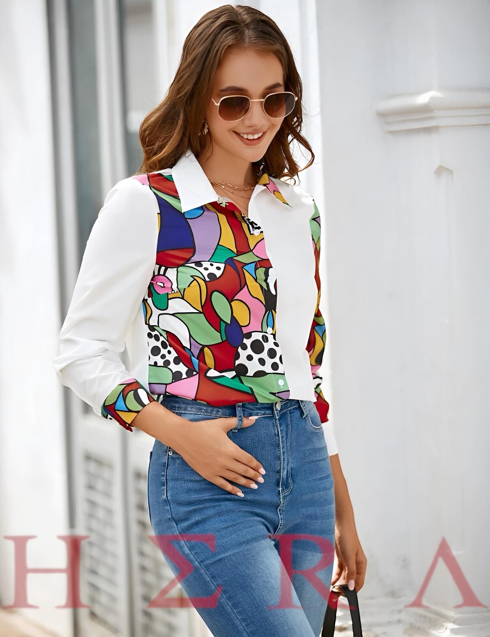 Polka Dot & Geo Print Button Front Shirt - Imagen 4