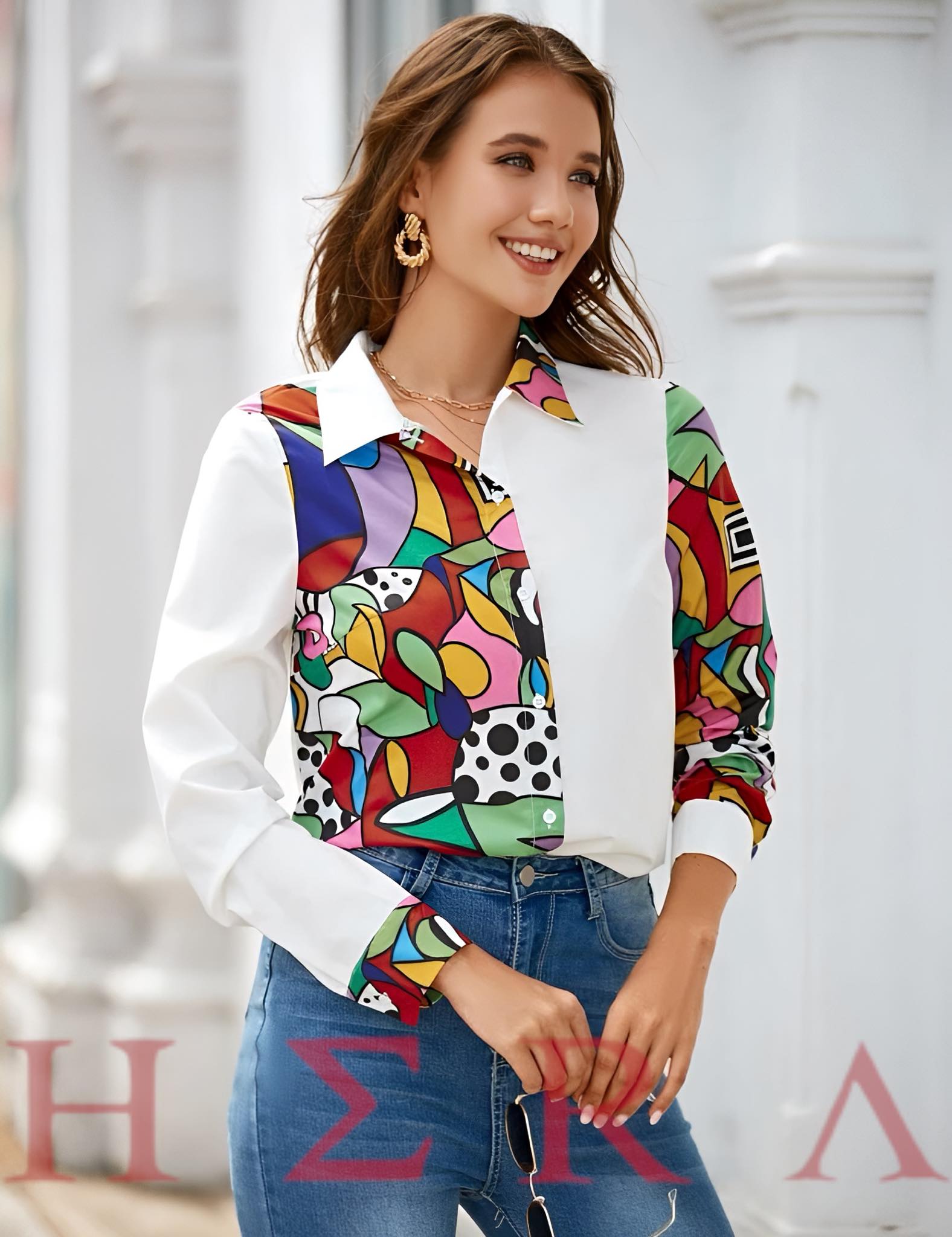 Polka Dot & Geo Print Button Front Shirt - Imagen 7