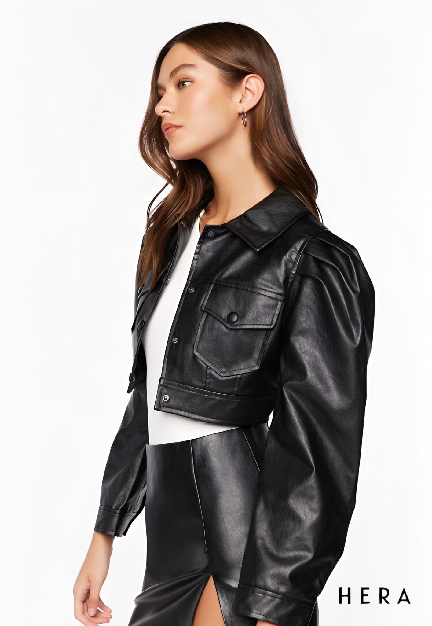 Faux Leather Cropped Trucker Jacket - Imagen 3