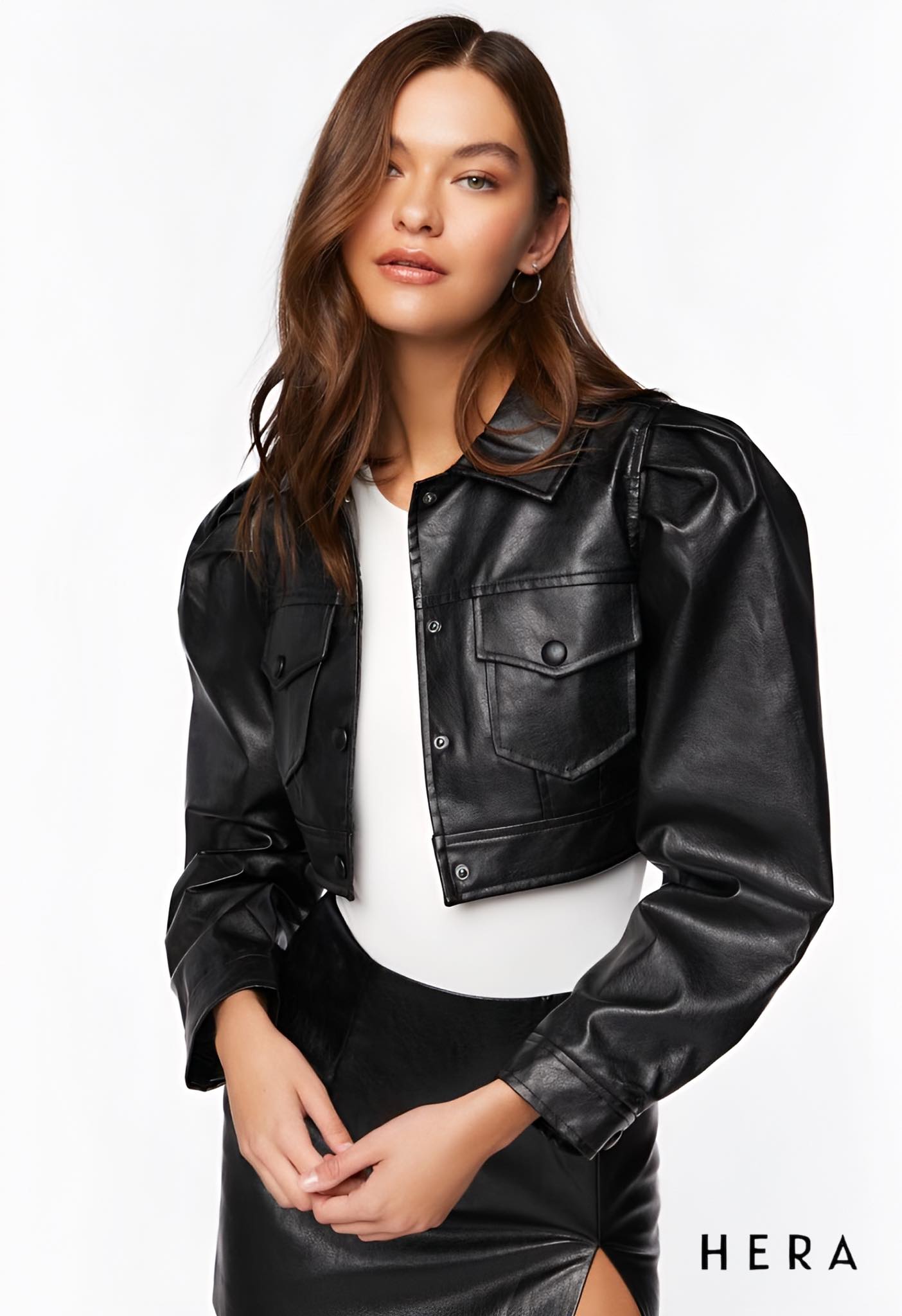 Faux Leather Cropped Trucker Jacket - Imagen 5