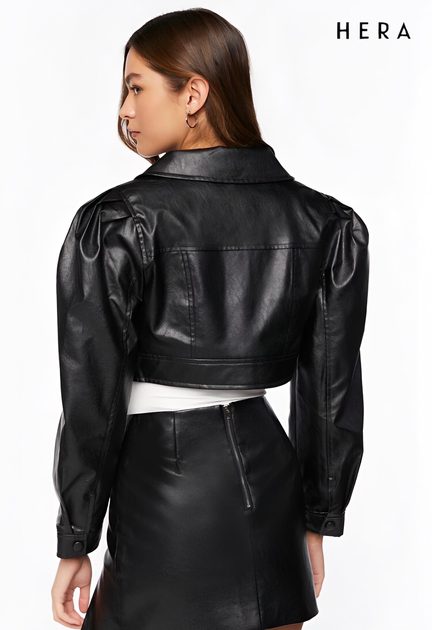 Faux Leather Cropped Trucker Jacket - Imagen 4
