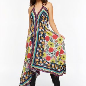 Reworked Floral Striped Halter Midi Dress