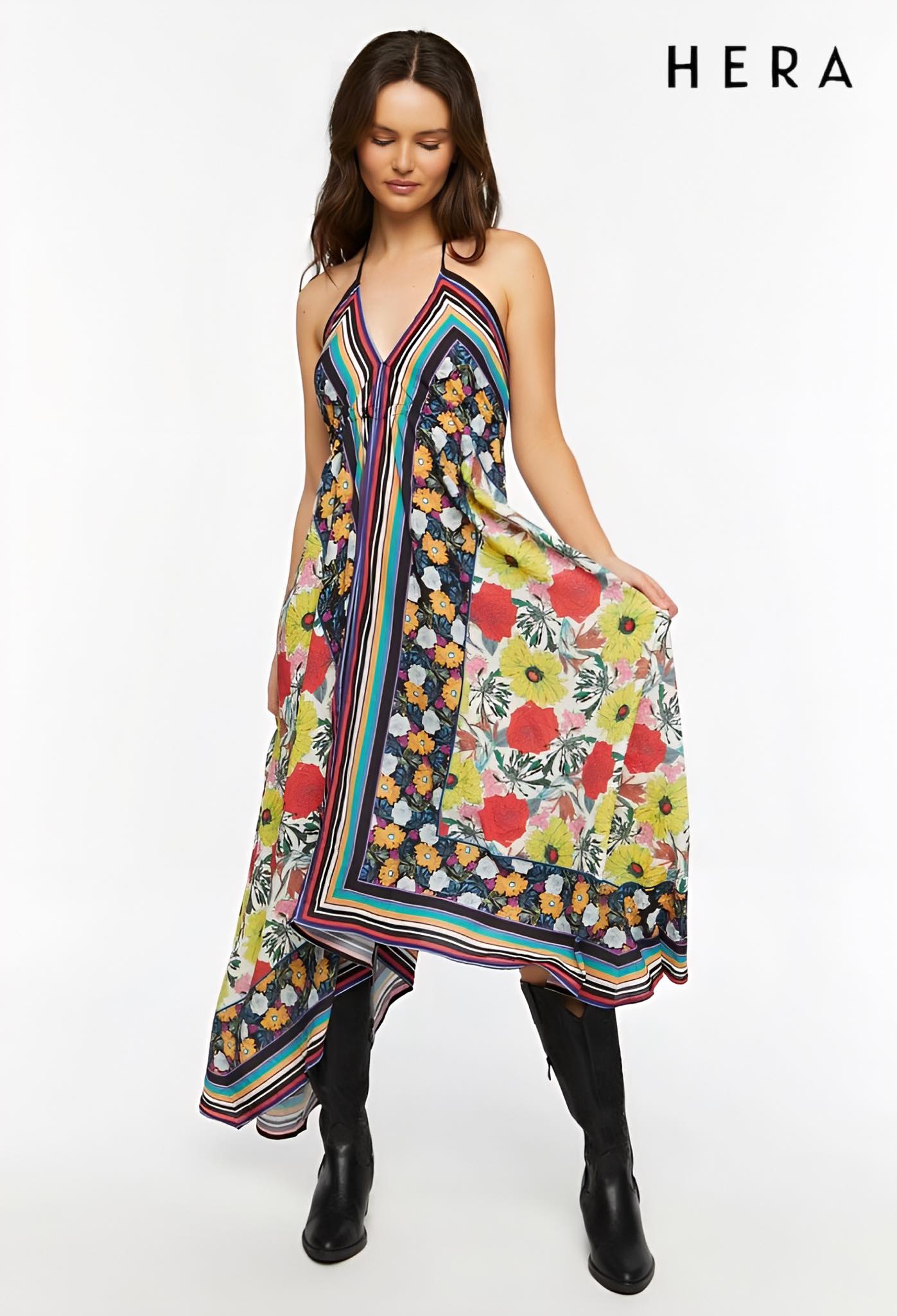 Reworked Floral Striped Halter Midi Dress