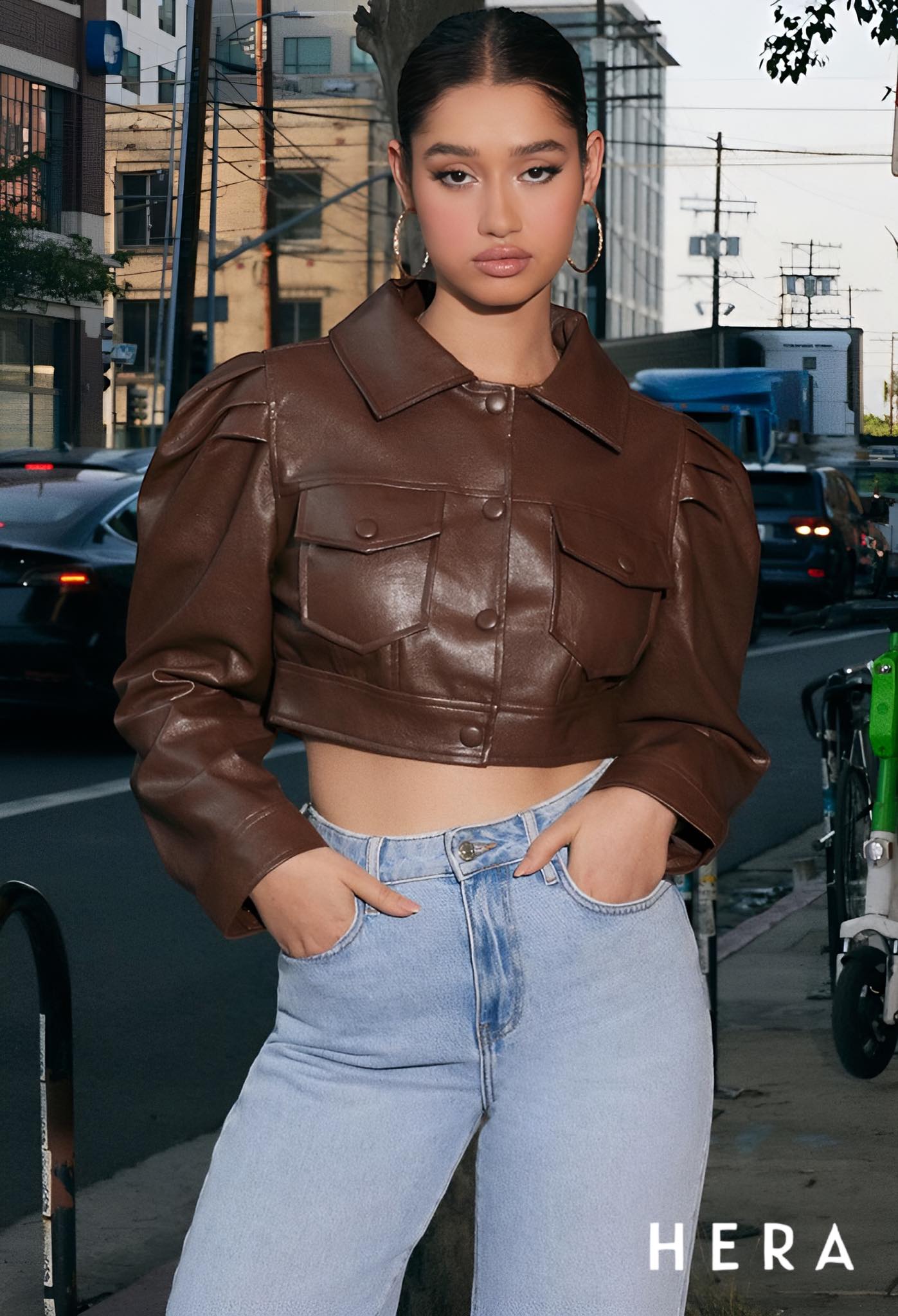 Faux Leather Cropped Trucker Jacket - Imagen 7